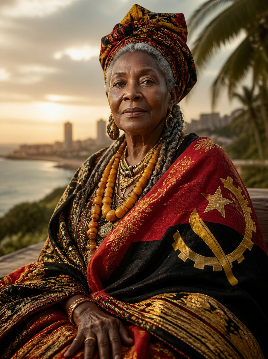 Mama MAMA ANGOLA — gardienne du savoir, vêtue aux couleurs du Angola