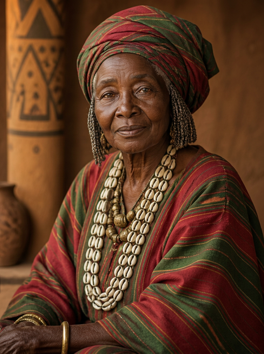 Mama MAMA BURKINA — gardienne du savoir, vêtue aux couleurs du Burkina Faso