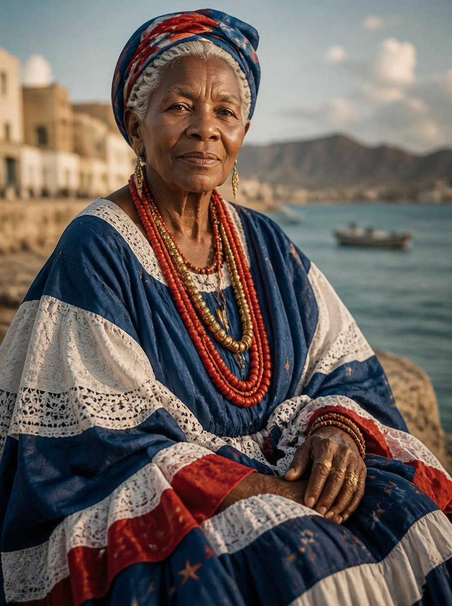 Mama MAMA CABO VERDE — gardienne du savoir, vêtue aux couleurs du Cap-Vert