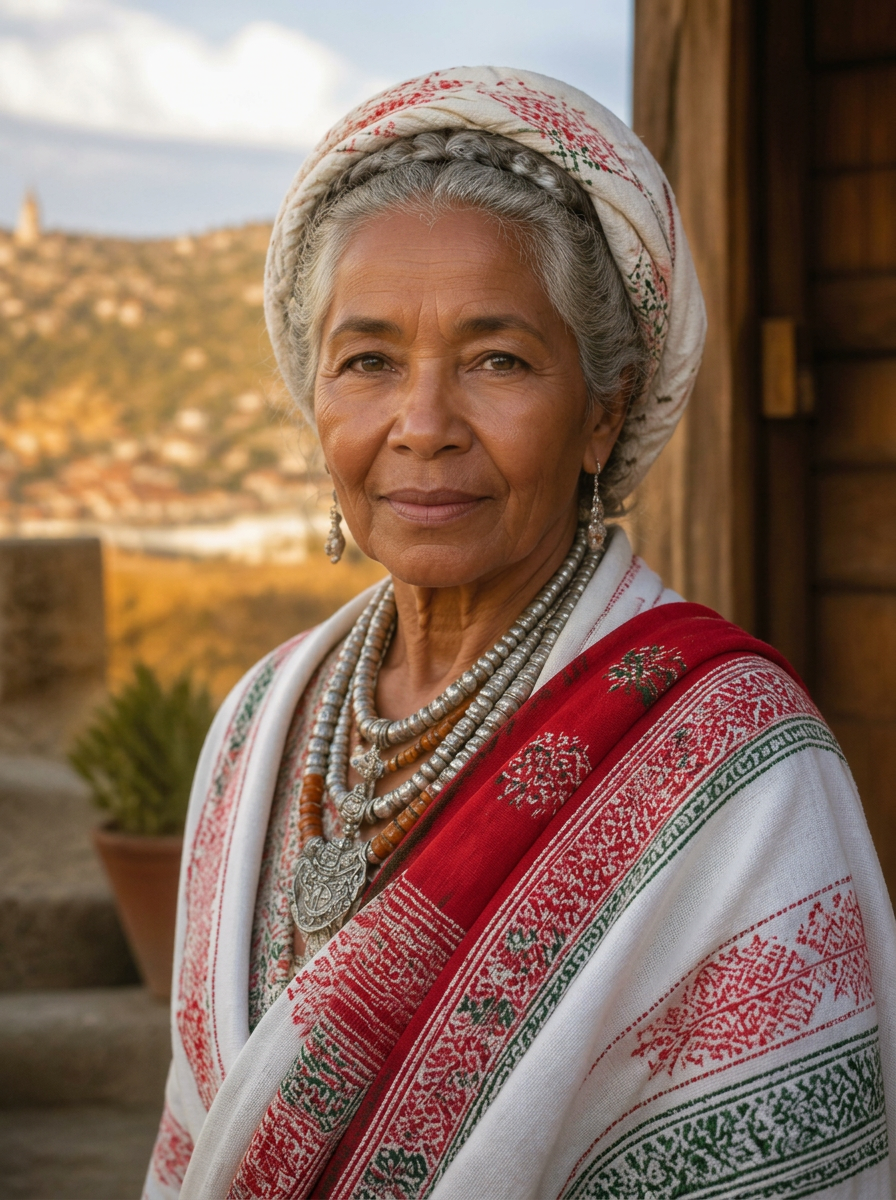 Mama MAMA MADAGASIKARA — gardienne du savoir, vêtue aux couleurs du Madagascar