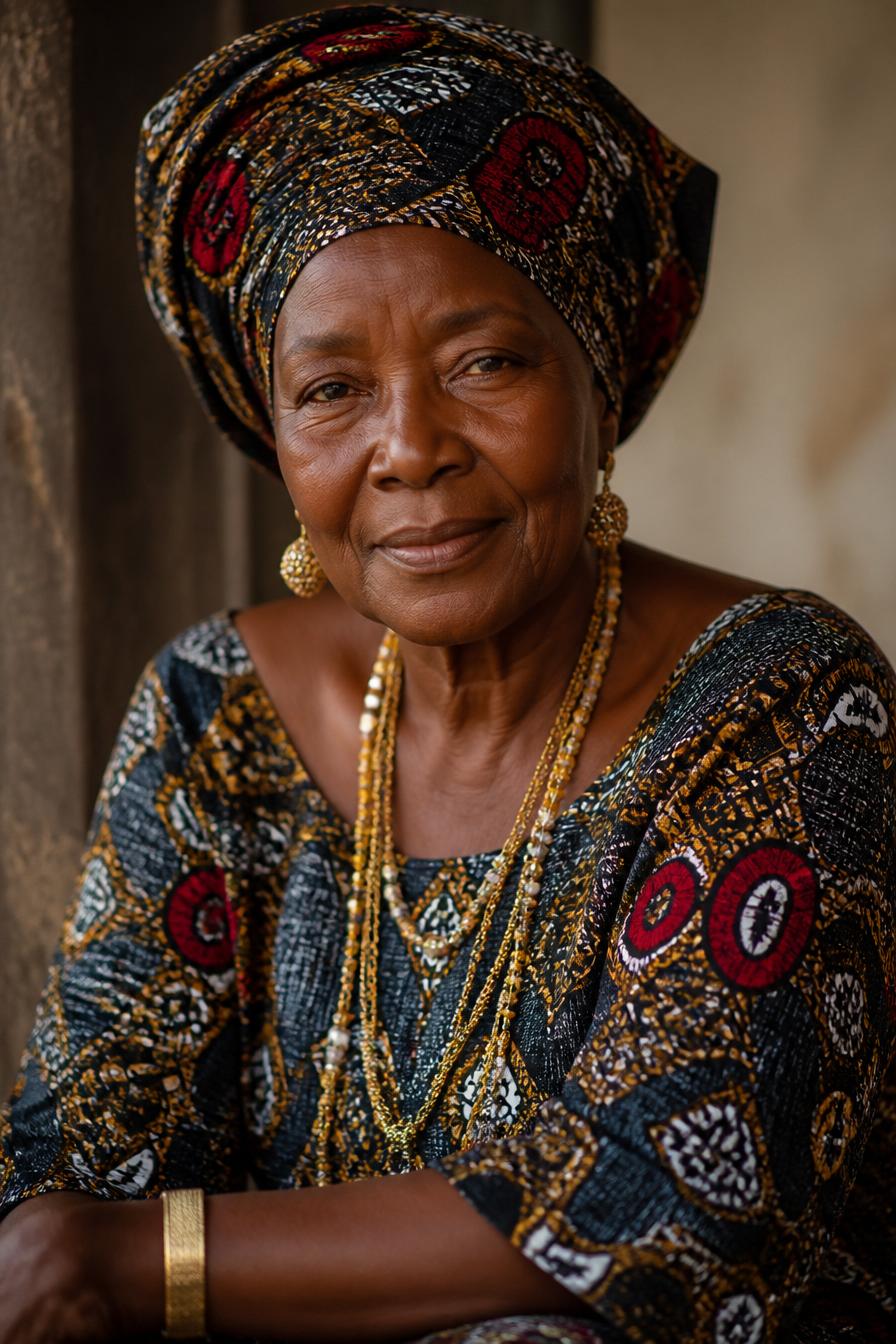 Mama OKINKA MAMA — gardienne du savoir, vêtue aux couleurs du Guinée-Bissau