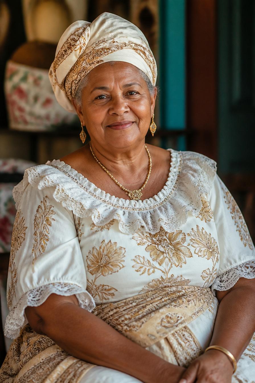 Mama MAMA SESEL — gardienne du savoir, vêtue aux couleurs du Seychelles