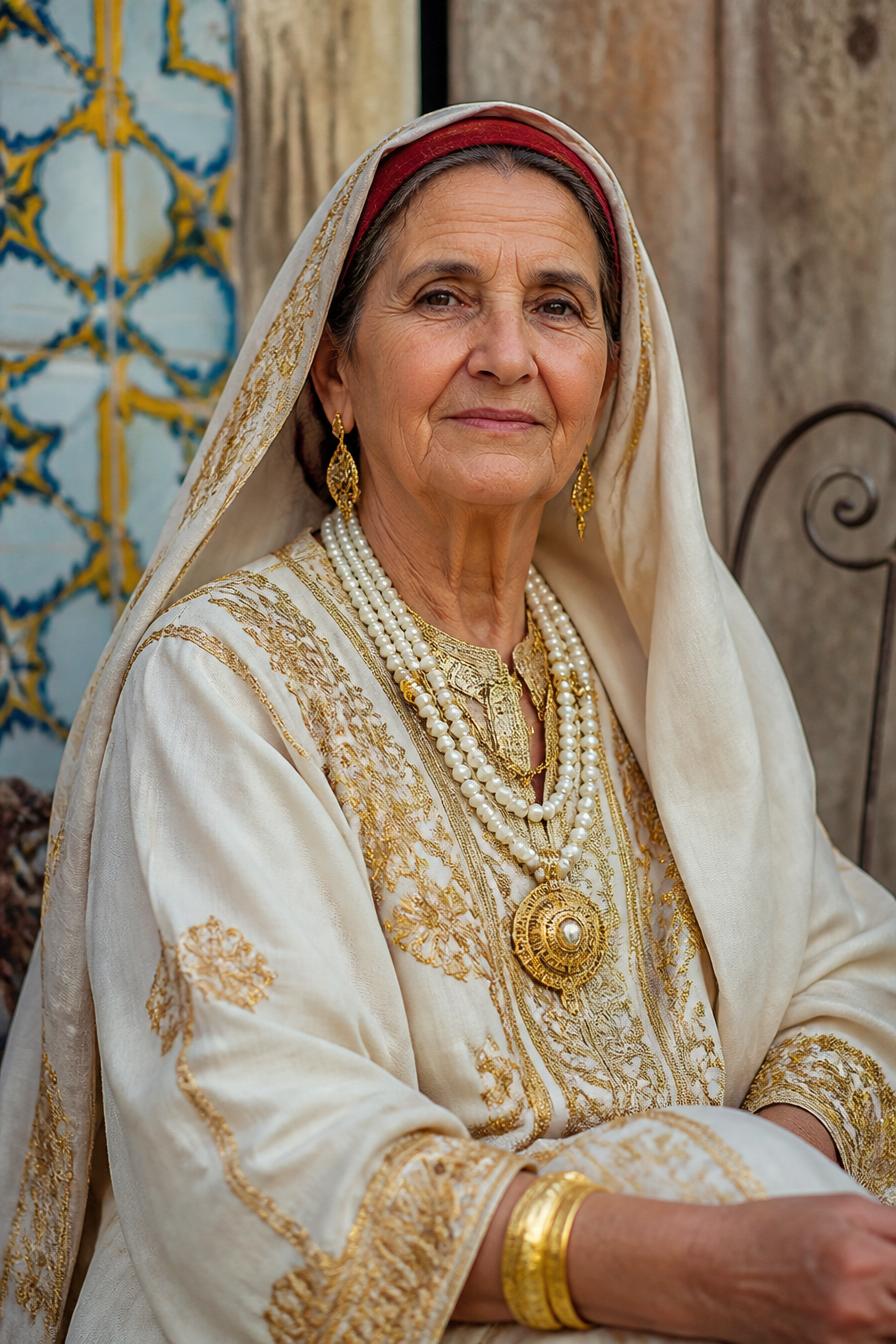 Mama MAMA TOUNES — gardienne du savoir, vêtue aux couleurs du Tunisie